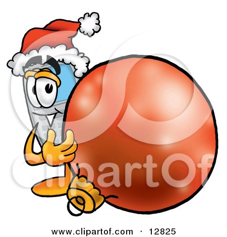 Clipart Picture of a Wireless Cellular Telephone Mascot Cartoon Character Wearing a Santa Hat, Standing With a Christmas Bauble by Mascot Junction