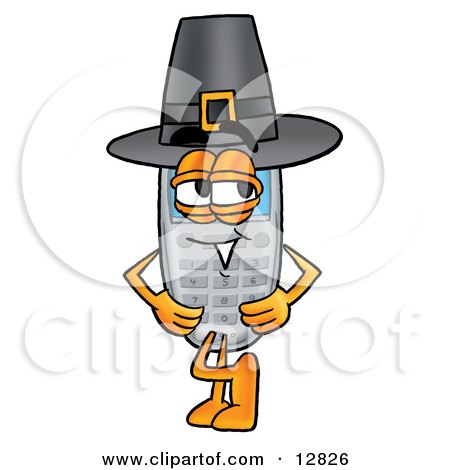 Clipart Picture of a Wireless Cellular Telephone Mascot Cartoon Character Wearing a Pilgrim Hat on Thanksgiving by Mascot Junction