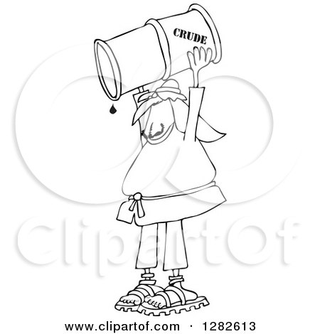 Clipart of a Black and White Arab Man Holding up a Crud Oil Barrel and Pouring out the Last Drop - Royalty Free Vector Illustration by djart