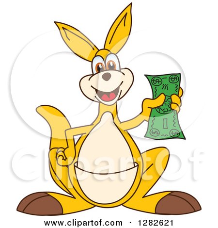 Clipart of a Happy Kangaroo School Mascot Character Holding Cash - Royalty Free Vector Illustration by Mascot Junction