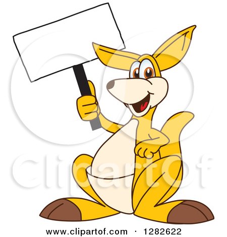 Clipart of a Happy Kangaroo School Mascot Character Holding up a Blank Sign - Royalty Free Vector Illustration by Mascot Junction