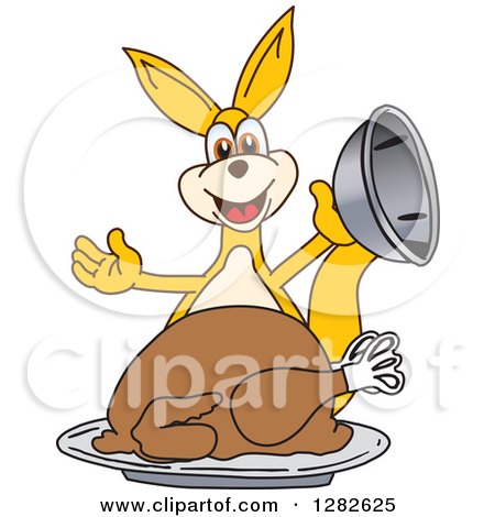 Clipart of a Happy Kangaroo School Mascot Character Serving a Roasted Thanksgiving Turkey - Royalty Free Vector Illustration by Mascot Junction