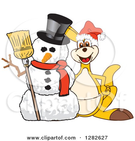 Clipart of a Happy Christmas Kangaroo School Mascot Character by a Winter Snowman - Royalty Free Vector Illustration by Mascot Junction