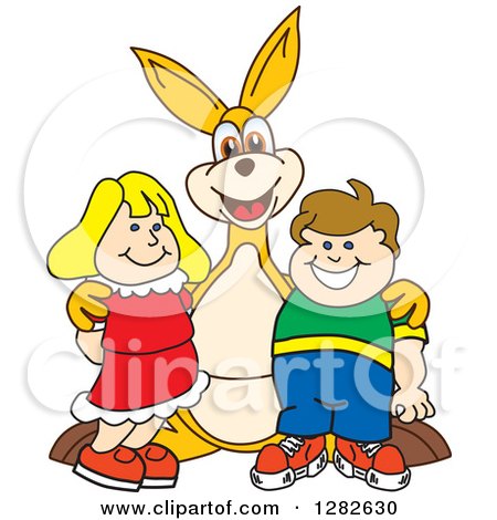 Clipart of a Happy Kangaroo School Mascot Character Posing with School Children - Royalty Free Vector Illustration by Mascot Junction