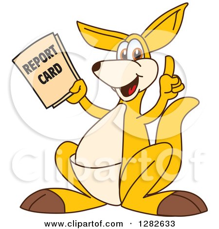 Clipart of a Happy Kangaroo School Mascot Character Holding up a Finger and Report Card - Royalty Free Vector Illustration by Mascot Junction