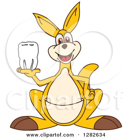 Clipart of a Happy Kangaroo School Mascot Character Holding a Tooth - Royalty Free Vector Illustration by Mascot Junction