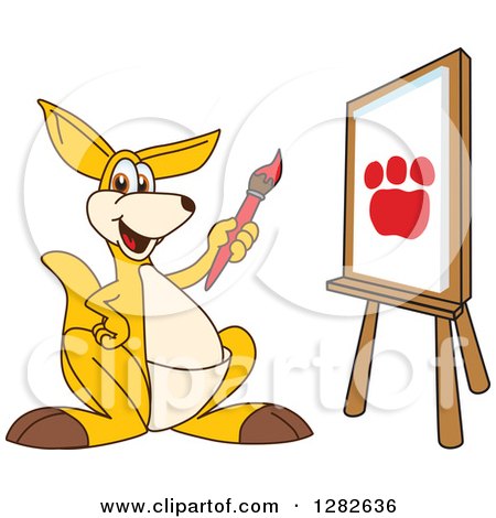 Clipart of a Happy Kangaroo School Mascot Character Painting a Paw Print on an Art Canvas - Royalty Free Vector Illustration by Mascot Junction