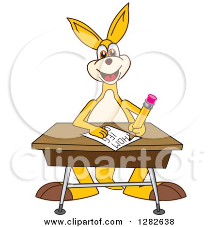 Clipart of a Happy Kangaroo School Mascot Character Writing at a Desk - Royalty Free Vector Illustration by Mascot Junction