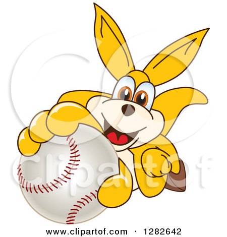 Clipart of a Happy Kangaroo School Mascot Character Holding up or Catching a Baseball - Royalty Free Vector Illustration by Mascot Junction
