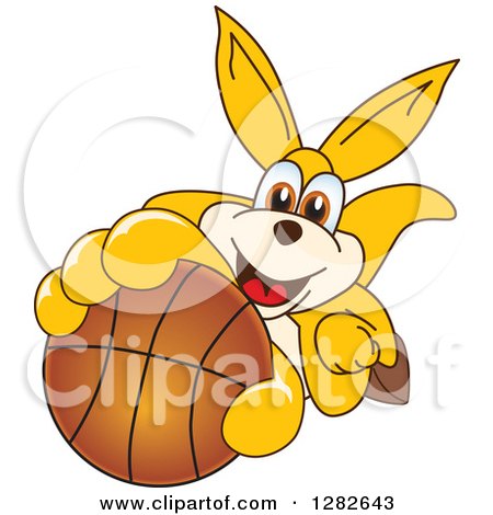 Clipart of a Happy Kangaroo School Mascot Character Holding up or Catching a Basketball - Royalty Free Vector Illustration by Mascot Junction