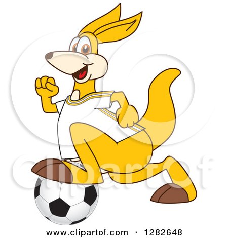 Clipart of a Happy Kangaroo School Mascot Character Playing Soccer - Royalty Free Vector Illustration by Mascot Junction