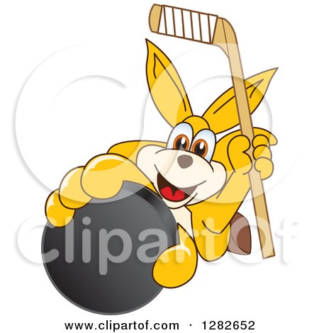 Clipart of a Happy Kangaroo School Mascot Character Holding up an Ice Hockey Stick and Puck - Royalty Free Vector Illustration by Mascot Junction