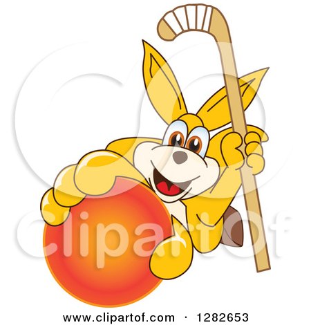 Clipart of a Happy Kangaroo School Mascot Character Holding up a Field Hockey Stick and Ball - Royalty Free Vector Illustration by Mascot Junction