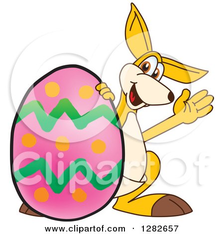 Clipart of a Happy Kangaroo School Mascot Character Waving by a Giant Easter Egg - Royalty Free Vector Illustration by Mascot Junction