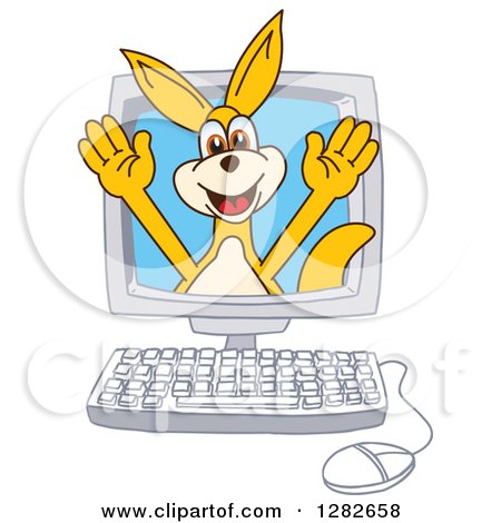 Clipart of a Happy Kangaroo School Mascot Character Emerging from a Desktop Computer Screen - Royalty Free Vector Illustration by Mascot Junction