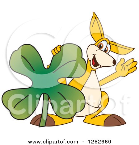 Clipart of a Happy Kangaroo School Mascot Character Leaning on a St Patricks Day Four Leaf Clover Shamrock - Royalty Free Vector Illustration by Mascot Junction