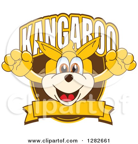 Clipart of a Happy Kangaroo School Mascot Character Leaping out from a Shield over a Blank Banner - Royalty Free Vector Illustration by Mascot Junction