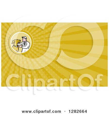 Clipart of a Retro Cartoon Male Veterinarian and Dog and Yellow Rays Background or Business Card Design - Royalty Free Illustration by patrimonio