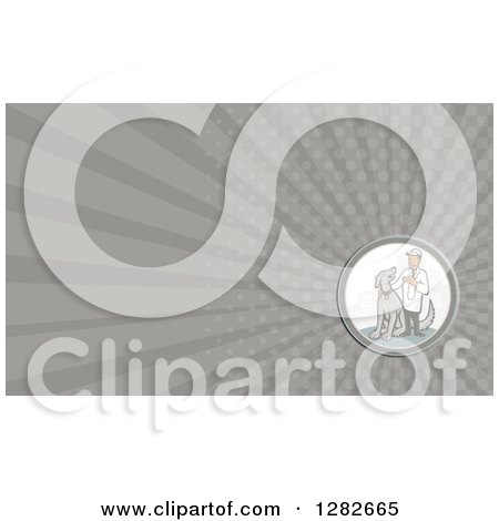 Clipart of a Retro Cartoon Male Veterinarian and Dog and Gray Rays Background or Business Card Design - Royalty Free Illustration by patrimonio