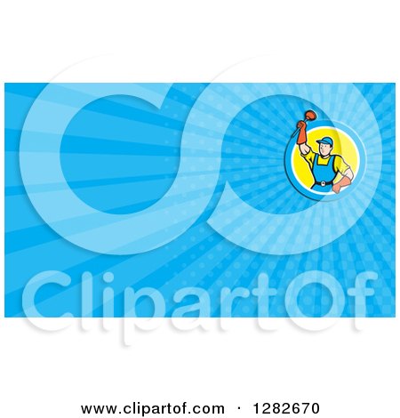 Clipart of a Cartoon Male Plumber Holding up a Plunger and Blue Rays Background or Business Card Design - Royalty Free Illustration by patrimonio