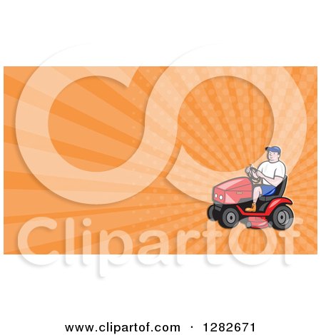 Clipart of a Cartoon Man on a Ride on Lawn Mower and Orange Rays Background or Business Card Design - Royalty Free Illustration by patrimonio