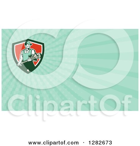 Clipart of a Retro Plumber with a Monkey Wrench and Turquoise Rays Background or Business Card Design - Royalty Free Illustration by patrimonio