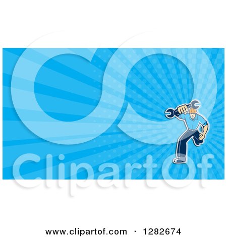 Clipart of a Cartoon Mechanic Running with a Wrench and Blue Rays Background or Business Card Design - Royalty Free Illustration by patrimonio