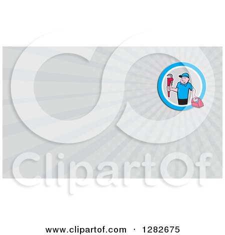 Clipart of a Cartoon Male Plumber with a Monkey Wrench and Tool Box on a Gray Rays Background or Business Card Design - Royalty Free Illustration by patrimonio