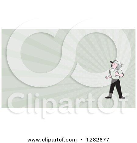 Clipart of a Cartoon Male Plumber with a Monkey Wrench and Rays Background or Business Card Design - Royalty Free Illustration by patrimonio
