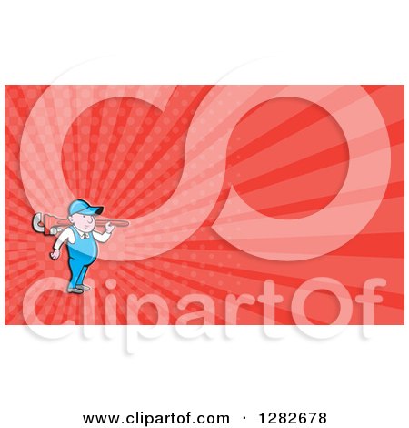 Clipart of a Cartoon Male Plumber with a Monkey Wrench on His Shoulders and Red Rays Background or Business Card Design - Royalty Free Illustration by patrimonio