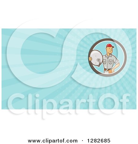 Clipart of a Retro Cartoon Satellite Tv Installer and Blue Rays Background or Business Card Design - Royalty Free Illustration by patrimonio