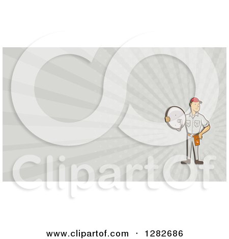 Clipart of a Retro Cartoon Satellite Tv Installer and Gray Rays Background or Business Card Design - Royalty Free Illustration by patrimonio