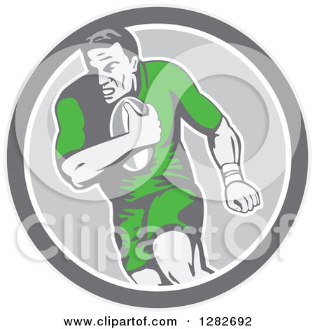 Clipart of a Retro Male Rugby Player Running in a Gray and White Circle - Royalty Free Vector Illustration by patrimonio