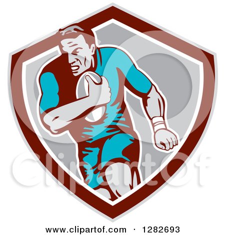 Clipart of a Retro Male Rugby Player Running in a Taupe Maroon White and Gray Shield - Royalty Free Vector Illustration by patrimonio