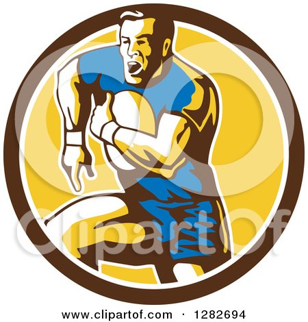Clipart of a Retro Male Rugby Player Running in a Brown White and Yellow Circle - Royalty Free Vector Illustration by patrimonio