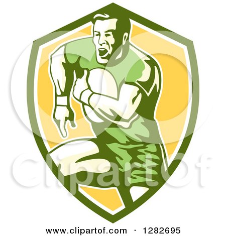 Clipart of a Retro Male Rugby Player Running in a Green White and Yellow Shield - Royalty Free Vector Illustration by patrimonio