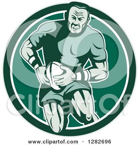 Clipart of a Retro Muscular Male Rugby Player Running in a Green and White Circle - Royalty Free Vector Illustration by patrimonio