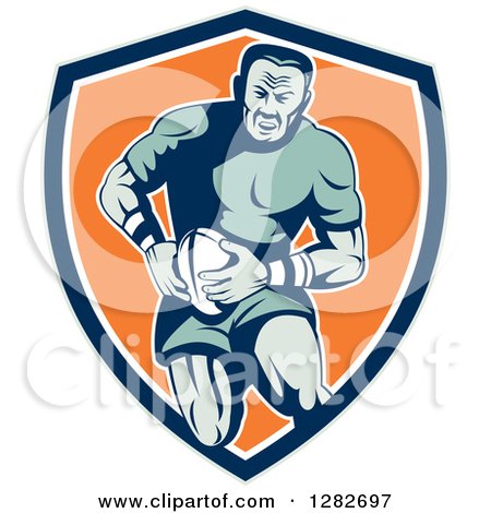 Clipart of a Retro Muscular Male Rugby Player Running in a Blue White and Orange Shield - Royalty Free Vector Illustration by patrimonio