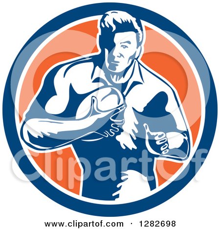 Clipart of a Retro Male Rugby Player Running in a Blue White and Orange Circle - Royalty Free Vector Illustration by patrimonio