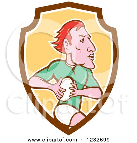 Clipart of a Cartoon Red Haired Male Rugby Player Running in a Brown White and Yellow Shield - Royalty Free Vector Illustration by patrimonio