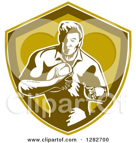 Clipart of a Retro Male Rugby Player Running in a Green and White Shield - Royalty Free Vector Illustration by patrimonio