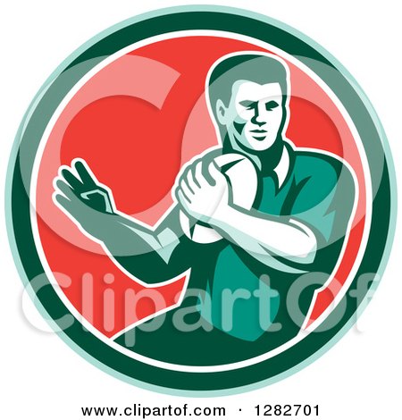Clipart of a Retro Male Rugby Player in a Green White and Red Circle - Royalty Free Vector Illustration by patrimonio