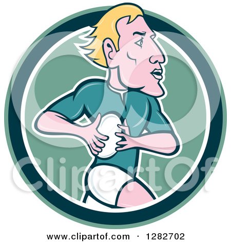Clipart of a Cartoon Blond Male Rugby Player Running in a Green and White Circle - Royalty Free Vector Illustration by patrimonio