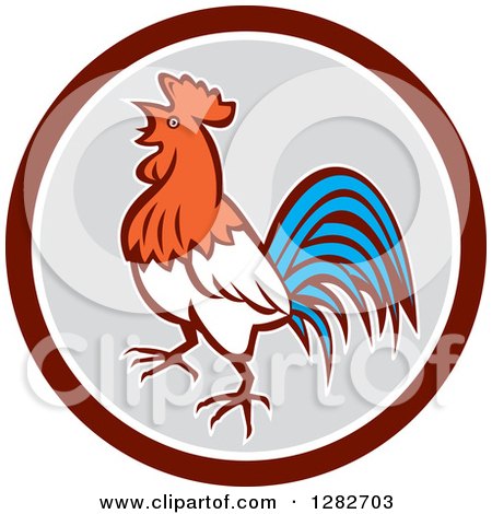 Clipart of a Retro Crowing Rooster in a Brown White and Gray Circle - Royalty Free Vector Illustration by patrimonio