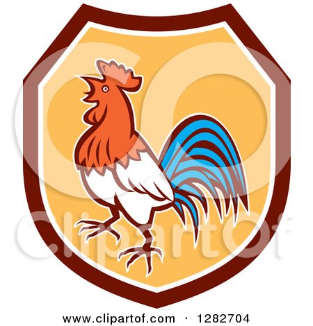 Clipart of a Retro Crowing Rooster in a Maroon White and Yellow Shield - Royalty Free Vector Illustration by patrimonio
