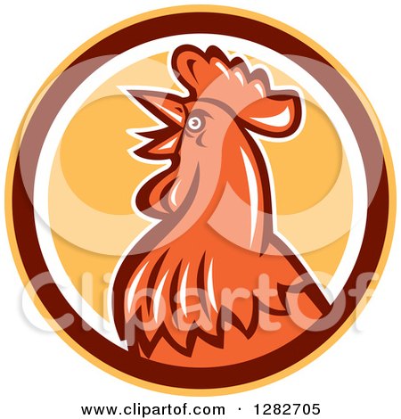 Clipart of a Retro Crowing Rooster in a Yellow Brown and White Circle - Royalty Free Vector Illustration by patrimonio