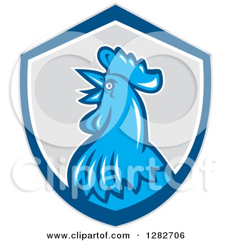 Clipart of a Retro Crowing Rooster in a Gray Blue and White Shield - Royalty Free Vector Illustration by patrimonio