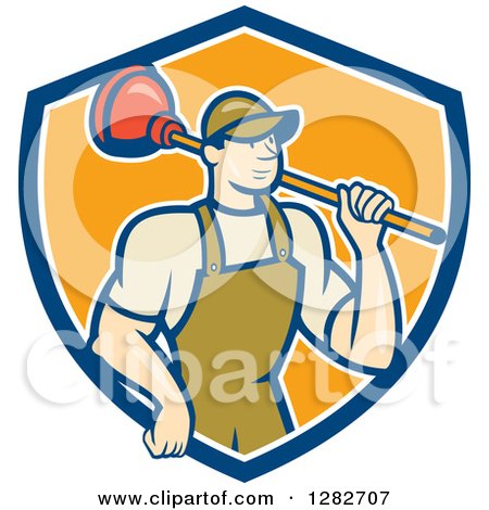 Clipart of a Retro Cartoon Male Plumber Holding a Plunger over His Shoulder in a Blue White and Orange Shield - Royalty Free Vector Illustration by patrimonio