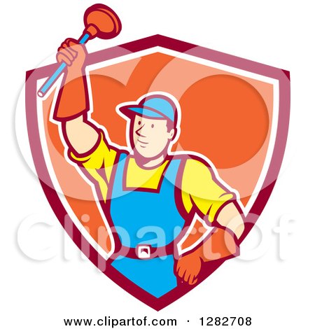 Clipart of a Retro Cartoon Male Plumber Holding up a Plunger in a Red White and Orange Shield - Royalty Free Vector Illustration by patrimonio