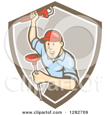 Clipart of a Retro Cartoon Male Plumber with a Monkey Wrench and a Plunger in a Brown and White Shield - Royalty Free Vector Illustration by patrimonio
